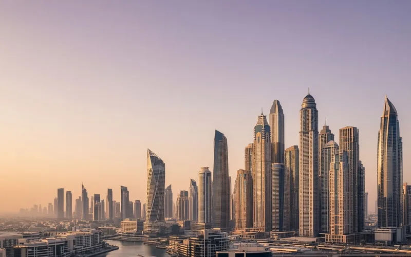 Dubai business district skyline in soft morning light